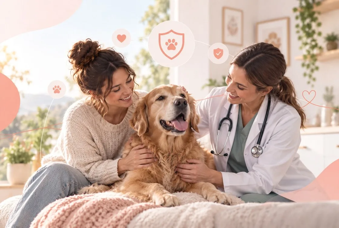 Owner, golden-colored dog and veterinarian together on sofa; coral graphics